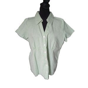 Denim & Co. Women's L Green & White Gingham Short Sleeve Blouse, NWT